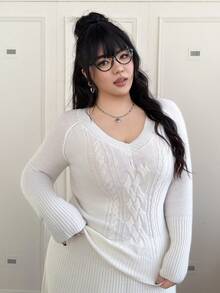CovetEZ Plus Size V-Neck Long Sleeve Cable Knit Casual Pullover Sweater For Women, Versatile For Commuting, Autumn/Winter - White - View 3