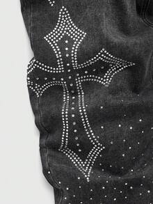 ROMWE MEN Goth Men's Loose Fit Casual Straight Leg Jeans With Cross Rhinestone Decor Pockets - Grey - View 4