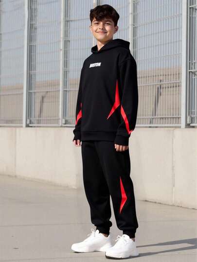 Vacaura 2 件套青少年户外休闲运动波士顿字母闪电图案连帽运动衫配运动裤，秋冬