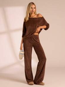 Glamine 女士性感不对称肩部加绒加厚长袖宽松上衣和加厚长款阔腿裤两件套 - 咖啡棕 - 查看 4