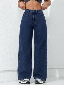 SHEIN ICON 女士高腰口袋休闲百搭阔腿牛仔裤 - 深色水洗藍 - 查看 3