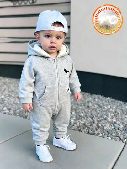 TaviRue 男婴保暖连帽连体衣，可爱恐龙印花，舒适休闲日常穿着，适合室内、室外、滑雪、运动、派对、拍照、节日、街头穿搭、运动服、圣诞节、新年等场合。