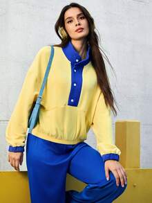 SHEIN Sovereign Charm Women's Contrast Color Long Sleeve Sweatshirt Yellow Active Set Yellow Sports Top - Yellow - View 6
