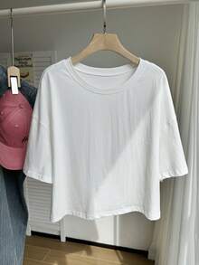 Comfortcana 大码女式休闲简约百搭百搭落肩宽松白色 100% 纯棉舒适 T 恤，夏季 - 白色 - 查看 4