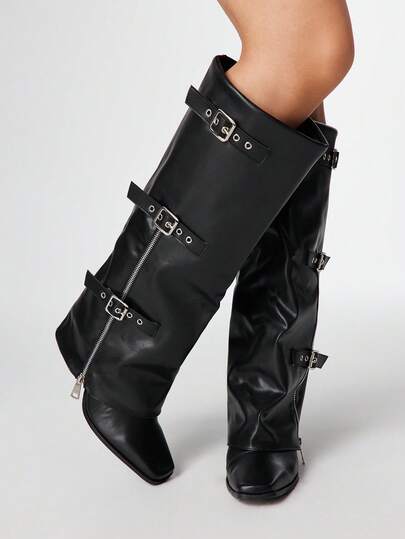 Grunge Punk Women's Multiple Buckle Zipper Decor Square Toe Stiletto Heel Tall Boots