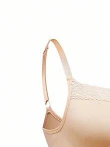 SHEIN Bodysuit Camisole Thong Wanita Ukuran Plus Warna Polos dengan Renda Kontras - Aprikot - View 9