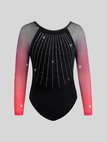 SHEIN Bộ đồ liền thân thể thao tay dài lưới ombre cho bé gái tuổi mới lớn, bộ đồ thể dục đính đá lấp lánh, co giãn 4 chiều, độ co giãn cao, thể thao ngoài trời, khiêu vũ, yoga, thể dục dụng cụ - màu đen - Xem 3