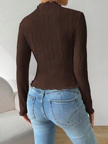SHEIN Essnce 女士春夏秋季纯色荷叶边立领长袖修身T恤，深棕色上衣 - 咖啡棕 - 查看 2