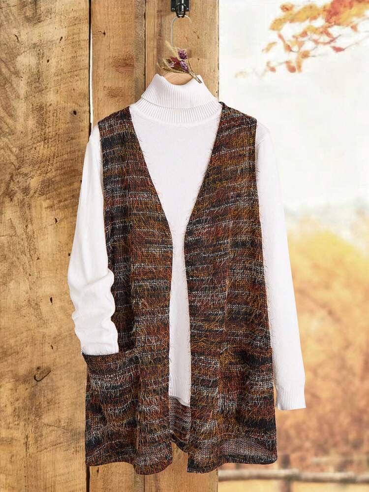 プラスサイズ レディース ウィンター カジュアル バケーション カントリー ヴィンテージ スタイル ミニマリスト ノースリーブ コート ポケット付き、ウィンター、ウィンター、秋、ヴィンテージ、外出、2025年新作、クリスマス、新年、感謝祭