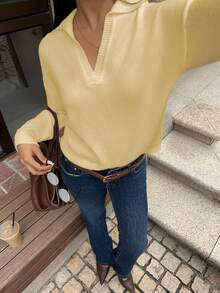 Flirla Women's Solid Color Turndown Collar Drop Shoulder Long Sleeve Casual Sweater, Autumn/Winter - Light Yellow - View 3