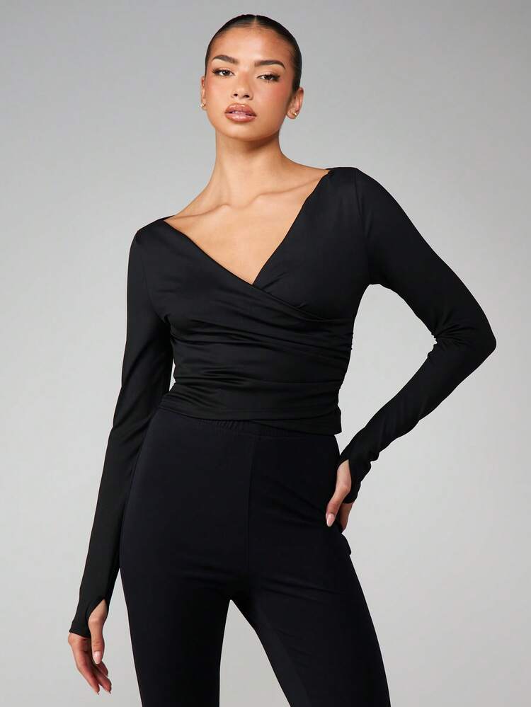 MISSGUIDED Off Shoulder Wrap Long Sleeve Slinky Top Bodysuit With Ruched Detail V Neckline Fitted Silhouette Fall Winter Basic Essential Layering Piece
