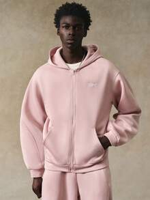 STYNVO Conjunto de 2 piezas de sudadera con capucha con cremallera y pantalón de chándal bordado casual para hombre, color rosa, con forro térmico - Rosa - Ver 4
