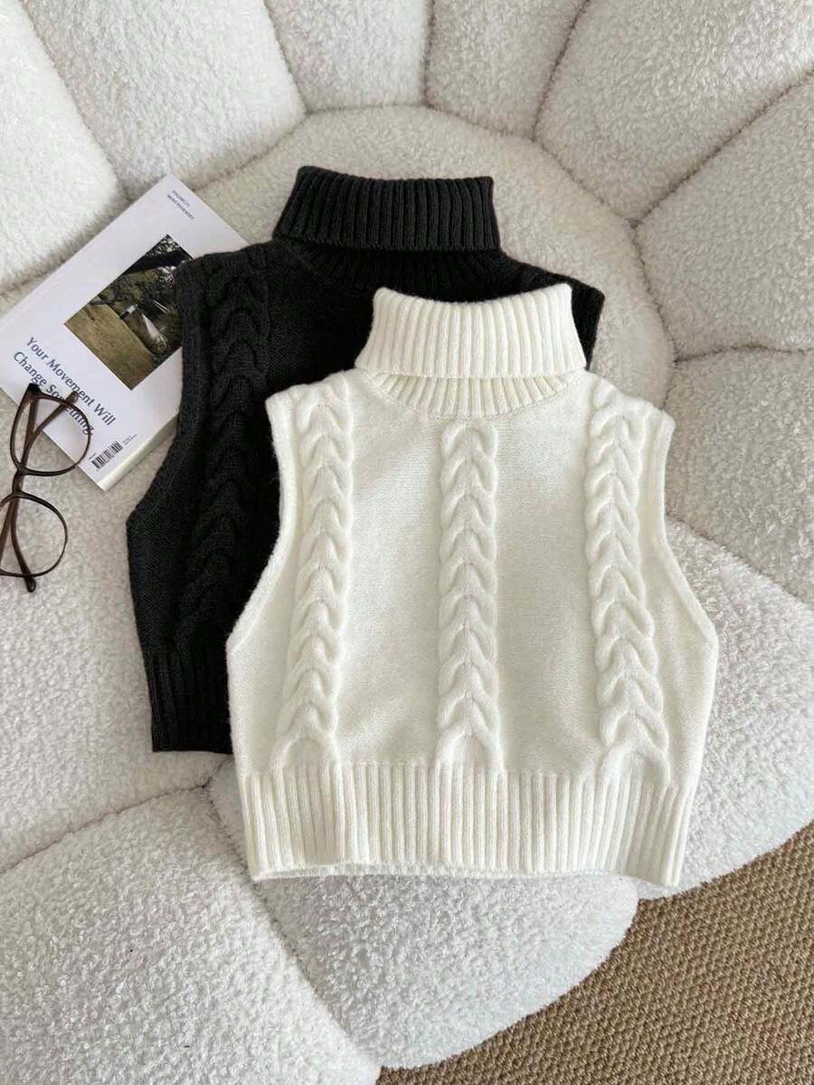 SHEIN Serisse Kids 少女两件套针织无袖羊毛扭结高领上衣 - 黑與白 - 查看 1