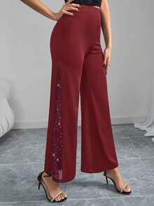 SHEIN Clasi Women's Elegant Mesh & Glitter Splice Black Slim Straight Wide Leg Pants, Suitable For Commuting, Casual Everyday Wear, Spring/Summer,Fall,Fall Clothes For Women,Women's Winter Clothes - Burgundy - View 7