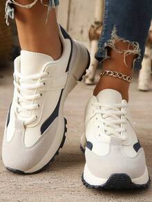 Zapatillas deportivas con suela gruesa, zapatillas deportivas retro con cordones, zapatillas deportivas informales, zapatillas deportivas con cordones y bloques de color, cómodas y relajadas, adecuadas para practicar deporte y viajar. - Azul - Ver 1