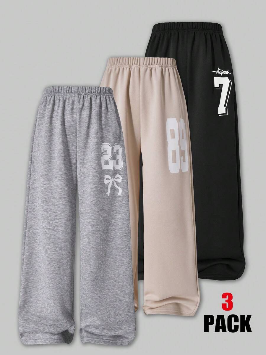 SHEIN ChillGRL 3 件套 Casuvi 儿童女童厚针织运动裤,时尚数字印花宽松裤装,适合春秋季休闲、运动、度假 - 彩色 - 查看 1