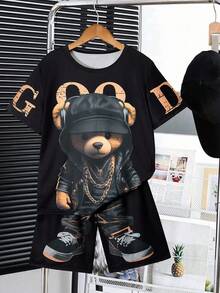 SHEIN Fantacosmos 2 件套青少年男孩熊图案 T 恤和短裤休闲装 - 彩色 - 查看 7