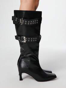 ROMWE Grunge Punk Women's Double-Breasted Decor Stiletto Heel Square Toe Over-The-Knee Boots For Christmas - Black - View 4