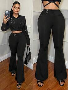 SHEIN SXY 女式时尚褶饰金属装饰喇叭裤 - 黑色 - 查看 1