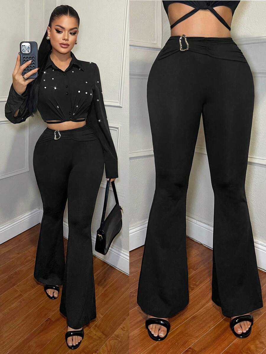 SHEIN SXY 女式时尚褶饰金属装饰喇叭裤 - 黑色 - 查看 1