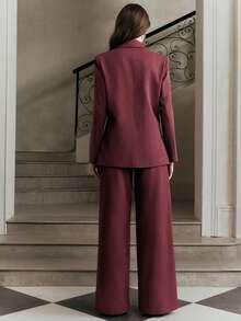 Anewsta 女士优雅简约通勤两件套，红色金属条纹直筒裤+长袖西装外套，秋季款 - 酒紅色 - 查看 2
