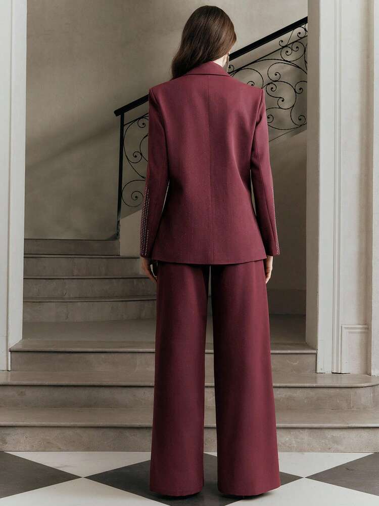Women's Elegant Minimalist Commuter 2 Pieces Set, Red Metallic Striped Straight Leg Pants + Long Sleeve Blazer, Autumn