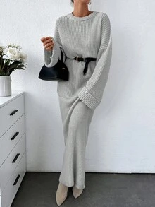 SHEIN Cottnline Plus Women Solid Color Chunky Sweater & Sweater Skirt Set - Grey - View 7