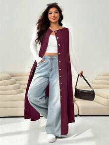 SHEIN EZwear Robe décontractée sans manches à col rond et boutonnage simple en couleur unie pour femmes grandes tailles
