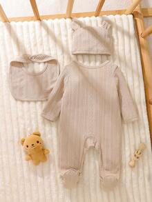 Bộ 3 bộ đồ liền thân dài tay, yếm và mũ cho trẻ sơ sinh, vải dệt kim Jacquard thêu hình chú gấu dễ thương - Màu be - Xem 2
