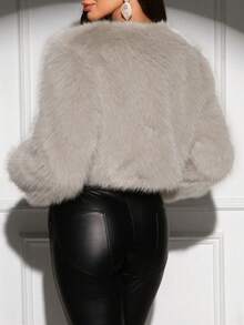 SHEIN Clasi Women's Solid Color Minimalist Long Sleeve Fluffy Coat In Fall/Winter,Fall,Fall Clothes For Women,Women's Winter Clothes - Light Grey - View 2