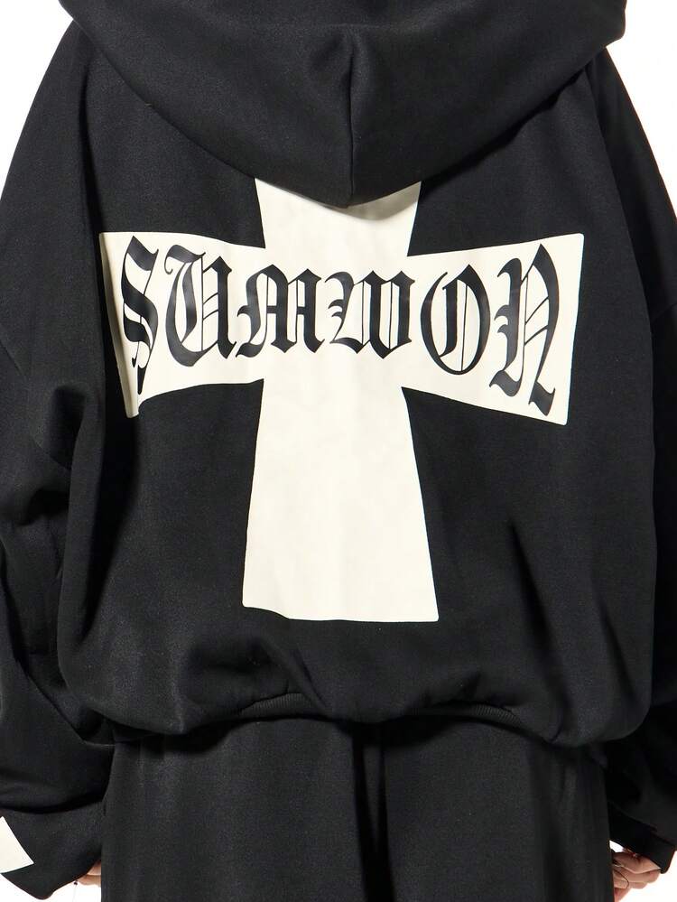 SUMWON WOMEN Bluza z kapturem zapinana na zamek i z nadrukiem krzyżowym