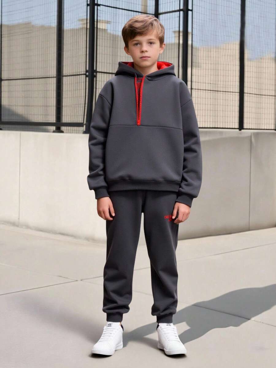 SHEIN Vacaura 2 件 Tween Boy 休闲拉链落肩连帽运动衫和慢跑裤套装，秋季 - 灰色 - 查看 1