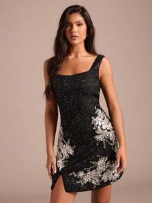 黑色复古时尚百搭女士修身迷你连衣裙 - 黑色 - 查看 2