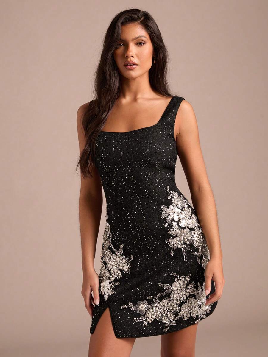 黑色复古时尚百搭女士修身迷你连衣裙