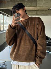DAZY Men's Brown Round Neck Thermal Lined Wool Blend Pullover Sweatshirt, Autumn/Winter - Brown - View 6