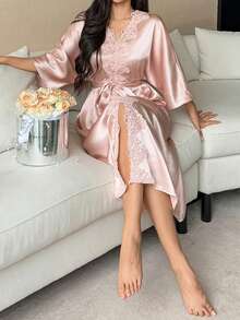 DAZY 女士缎面花卉蕾丝拼接长款睡裙 - 藕粉色 - 查看 4