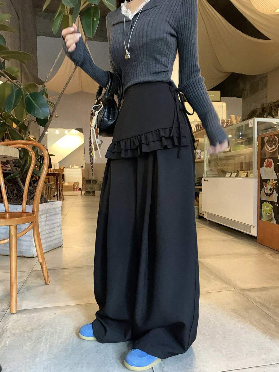 DAZY 两件套女式韩版休闲纯色荷叶边裤装 - 灰色 - 查看 1