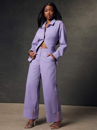 NYA SZN Kenzie Denim Contrast Stitch Orange And Pastel Lilac Wide Leg Foldover Cuffed Holiday Christmas Party Festival  NYE New Years Eve  Modest Casual Brunch Everyday Winter Spring Suitable For Commuting Outfits For Women