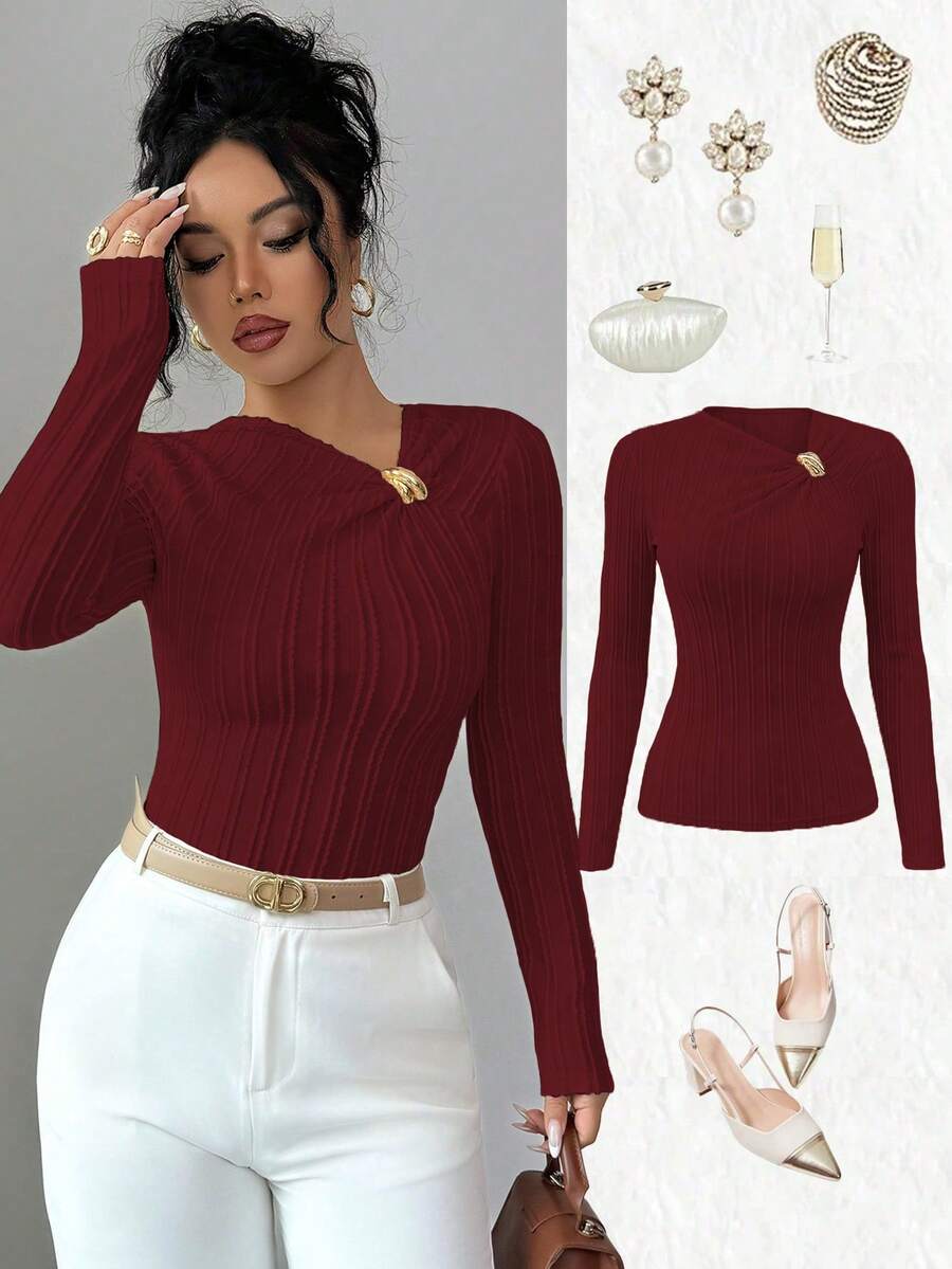 SHEIN Elenzya Váy nữ vải jacquard màu vàng nhạt họa tiết bất đối xứng cổ chữ V thắt eo thiết kế gợi cảm thanh lịch chất lượng cao, thích hợp cho ngày tựu trường, tiệc tùng, tiệc độc thân - Màu Đỏ Sâu - Xem 1