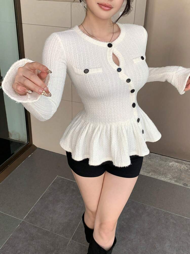 Women's Crew Neck Plush Fabric Long Sleeve Fitted Waist Elegant Pullover T-Shirt