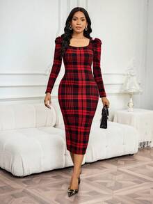 SHEIN Lady 女士格子印花圆领修身优雅长袖中长连衣裙 - 彩色 - 查看 6