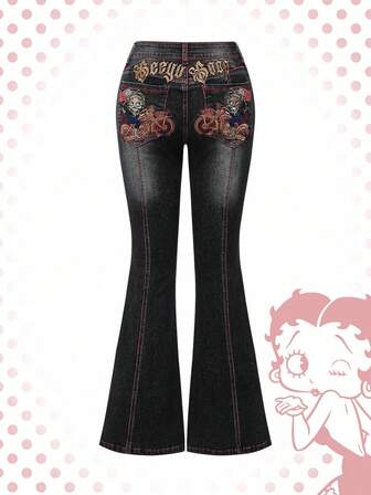 Betty Boop | ROMWE Y2K Babe Cartoon Figure & Motorcycle Embroidery Flare Jeans