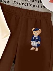 SHEIN Playful Pals Cozy Fall & Winter Styles Young Girls Casual Fashion Creative Personalized Fresh Simple Cute Cartoon Bear Beret Hat Design Letter Slogan Graphic Print Relaxed Hoodie And Sweatpants Set, Comfortable Outfit - Multicolor - View 5