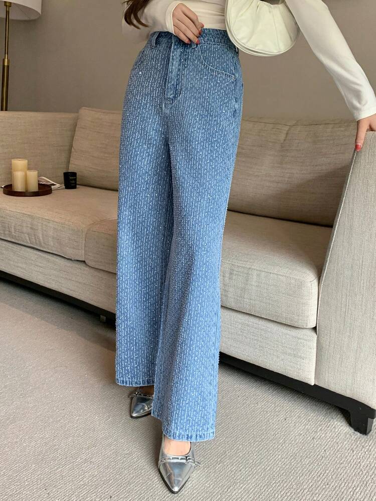 Women's Relaxed Fit Straight Leg Jeans With Floral Textured Striped Pattern, Suitable For Autumn, Winter, Spring Y2k