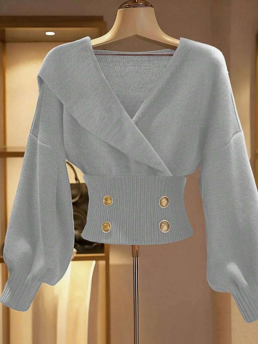 Franclia Women's Autumn Elegant Office Crossover Collar Gold Metal Button Knit Pullover Sweater,Formal Fashion Drop Shoulder Long Sleeve Solid Crop Cardigan - Light Grey - View 1