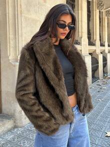 Aloruh Fluffy Thick & Warm Loose Fit Long Sleeve Outerwear For Womenwinter, Old Money, Casual, Brown, Faux Fur, Plush, Long Sleeve,Fall,Fall Clothes For Women,Women's Winter Clothes