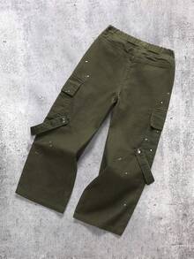 SHEIN 千禧年男孩时尚休闲棉质宽松军绿色牛仔工装裤，秋冬日常穿着，街头风，圣诞节，新年，感恩节，千禧年2000年代宽松牛仔裤 - 軍綠色 - 查看 2