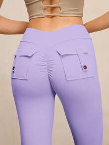 Activina High Waist Ruched Casual Slim Fit Stretchy Leggings Pocket Leggings - Purple - View 3