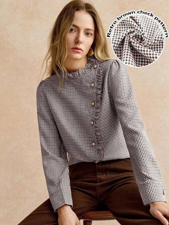 Écloséra Vintage Elegant Commuting Casual Versatile Bow Houndstooth Frill Trim Long Sleeve Women Blouse Shirt, Autumn/Winter