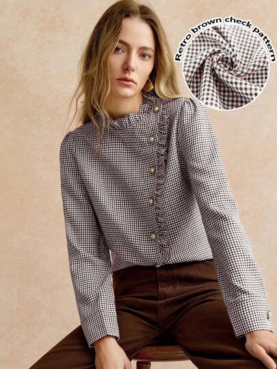 Écloséra 复古优雅通勤休闲百搭蝴蝶结千鸟格荷叶边长袖女式衬衫，秋冬款